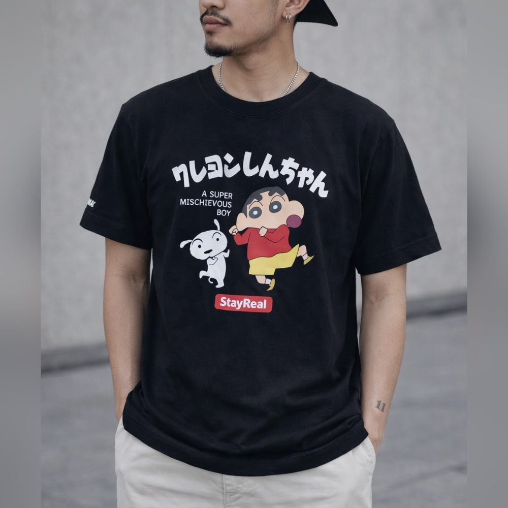 StayReal Crayon Shin Chan Graphic Tee Black Size M Cartoon Anime Shirt